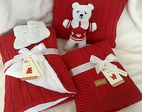Detský textil - Set pre bábätko-teplá deka, tenká deka, vankúšik, macík a capačky - červená - 10535390_