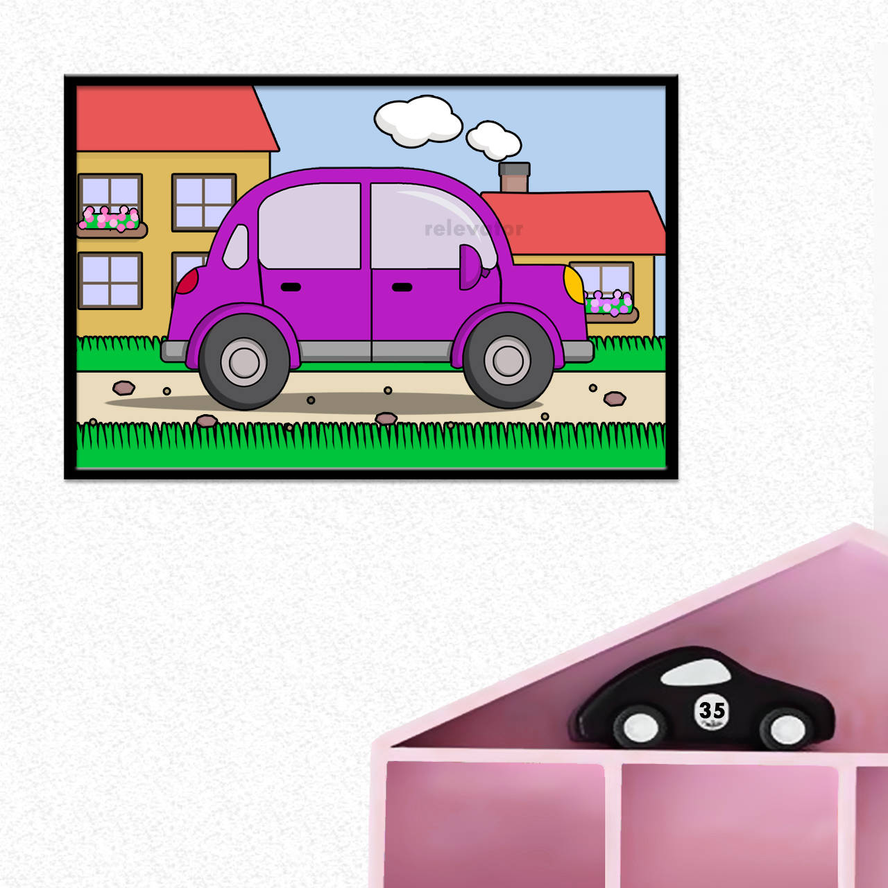 Auto - digitálna grafika do detskej izbičky (s okrajmi)  (päťdverové oblé na dedine)