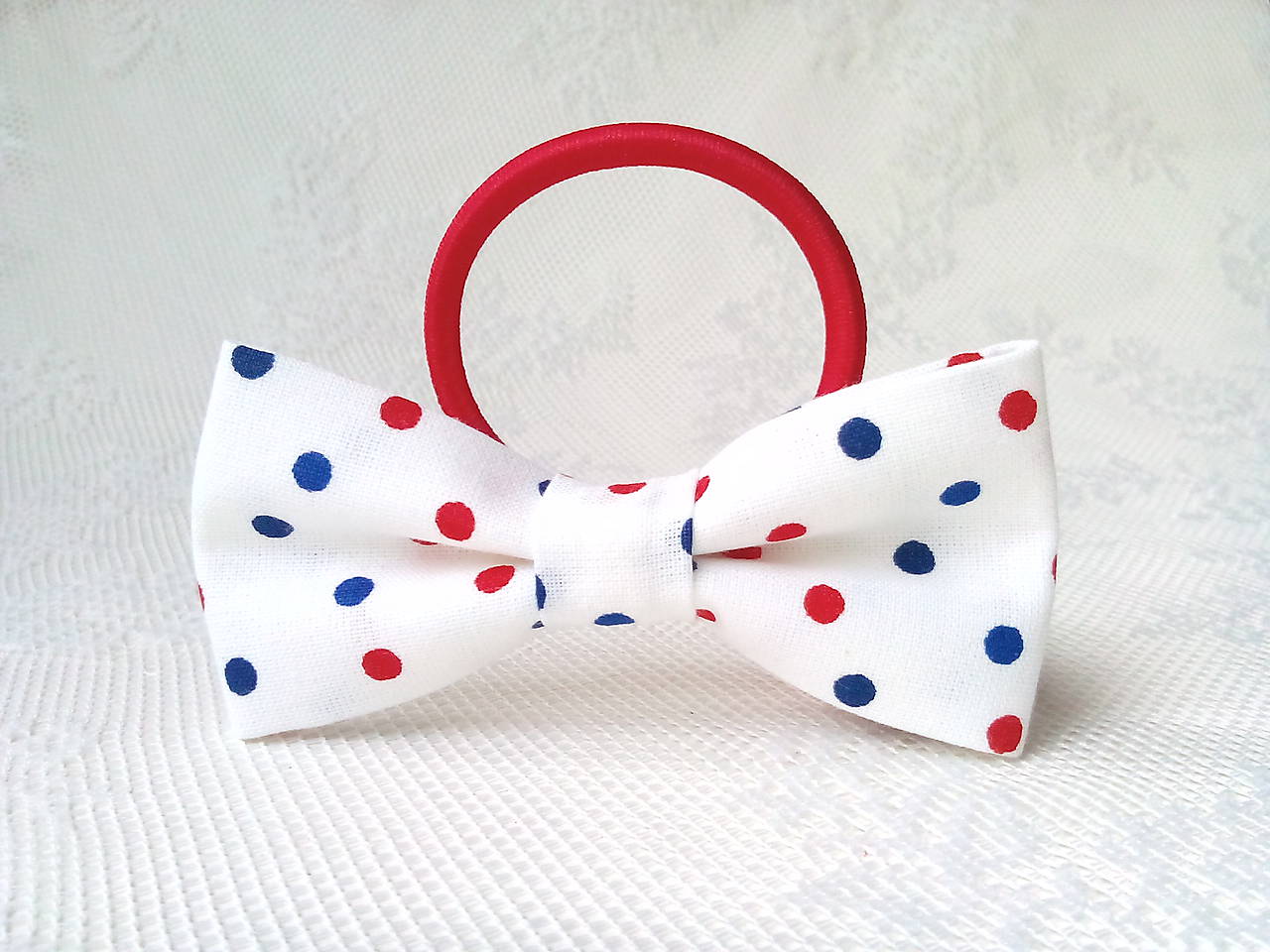 White hair bow with red&blue dots