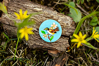 Brošne - Ručně malovaná brož s ptáčkem v tyrkysové - 10591496_