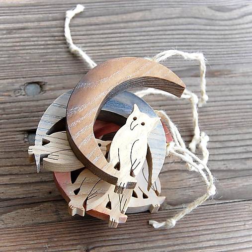 Dekorácie - Drevený Mesiac a sova (Meď/Bronz) - 10645549_
