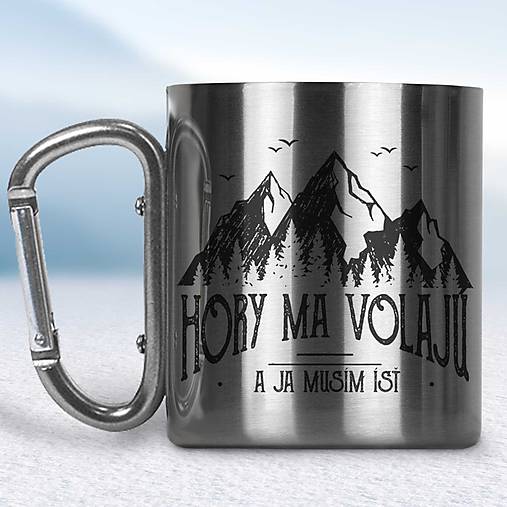 Nádoby - Kovový turistický hrnček s karabínkou (Strieborná karabínka) - 10667845_