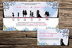 Svadobné oznámenie príbeh lásky, časová os / pozvánky zdarma (modro-ružová s pozadím)