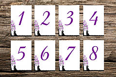 čísla stolov, číslovanie vzor "príbeh lásky" (Fialová)