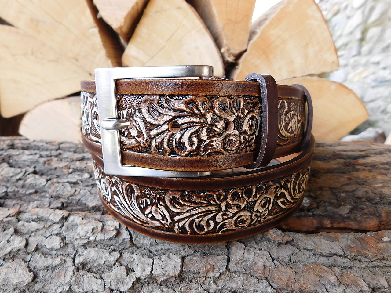 Kožený opasok 4 cm - Koník v kvetoch