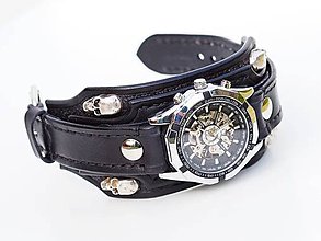 Náramky - Gotické kožené hodinky  čierne - lebka, s iniciálmi - 10698698_