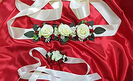 Svadobný béžovo-červený kvetinový set - opasok a náramok 