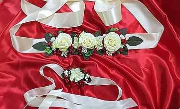 Iné doplnky - Svadobný béžovo-červený kvetinový set - opasok a náramok - 10735171_