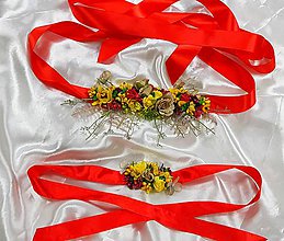 Iné doplnky - Červeno-žltý svadobný kvetinový set, náramok a opasok - 10735656_