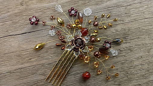 Ozdoby do vlasov - hrebienok hnedá ruža + zlatá - 10773759_