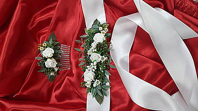 Iné doplnky - Biely kvetinový svadobný set-opasok a hrebienok - 10775490_