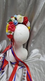 Ozdoby do vlasov - Farebná kvetinová folklórna parta so stuhami - 10779900_