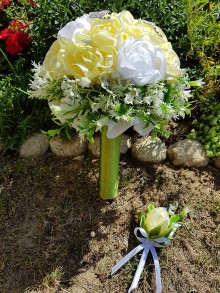 Kytice pre nevestu - Svadobná kytica s umelými kvetmi (žltá) - 10805656_