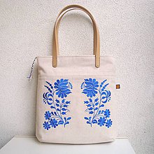Veľké tašky - Ľanová taška na veľ. A4 / folk kvety modré - 10834289_