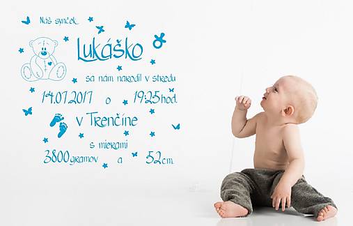 Dekorácie - Nálepky na stenu - Údaje dieťaťa - pamätný text (Azúrovo modrá) - 10838708_