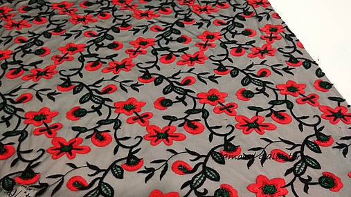 Textil - Krajková látka -Kvety červeno čierne- cena za 10 cm - 10850198_