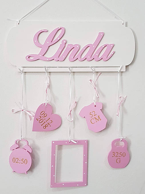 Drevené meno na tabuľke s údajmi o narodení + fotorámik Pink