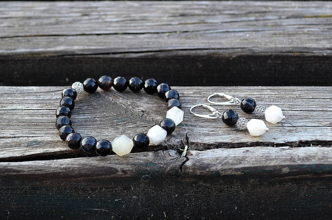 Náramok a náušnice Achát a Mesačný kameň