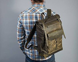 Batohy - Tmavo-olivový batoh z kože a voskovaného plátna. Roll top ruksak - 10878995_