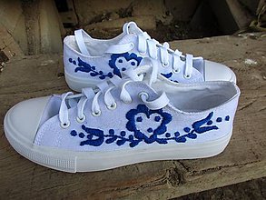 Ponožky, pančuchy, obuv - vyšívané tenisky-FOLK v modrej - 10881557_
