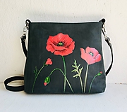 Kabelky - MILA "Poppies" kožená kabelka s maľovaným obrázkom - 10907655_