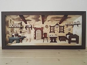 Obrazy - Obraz drevený 3D "Kuchyňa s posteľou" stredná - 10911525_