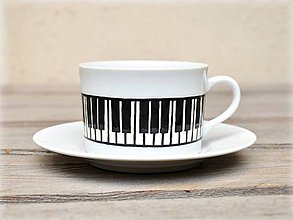 Nádoby - Porcelánová šálka s podšálkou na kávu - Piano (200 ml klaviatúra + biela podšálka) - 10923712_
