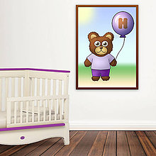 Grafika - Macík a balónik do detskej izby (fialový outfit) - 10941594_