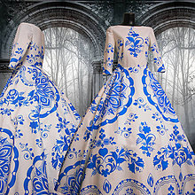 Šaty - FLORAL FOLK " Slovenská ornamentika ", spoločenské dlhé šaty (Biela s  bledomodrým akvarelom) - 10959378_