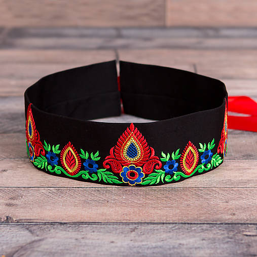 Opasky - Vyšívaný opasok - folklór (dĺžka: 60 cm - Čierna) - 10965372_