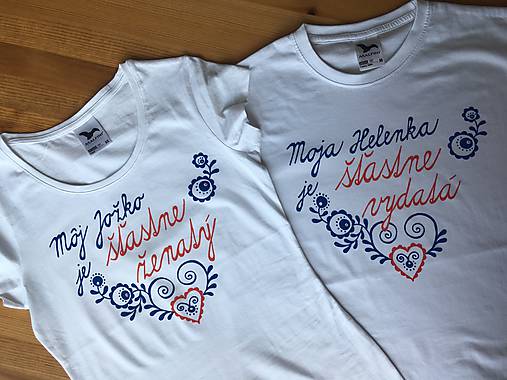 Maľované tričká pre mladomanželov s ľudovým motívom a nápismi : (Variant s menami)
