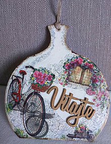 Dekorácie - Dekoračný lopárik VITAJTE - Bicykel s košíkom plným ruží - 10975728_