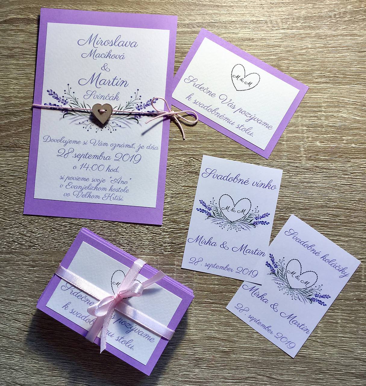 Svadobné oznámenie levanduľa so srdiečkom - darček - etikety zdarma