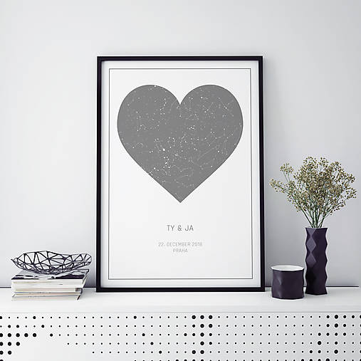 Grafika - SRDCE, nočná obloha, sivá - 10991600_