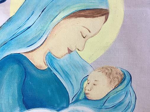 Maľovaná krstná košieľka s bábätkom v náručí Panny Márie (košieľka 1)
