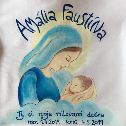 Maľovaná krstná košieľka s bábätkom v náručí Panny Márie (košieľka 1)
