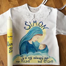 Detské oblečenie - Maľovaná krstná košieľka s bábätkom v náručí Panny Márie (Košieľka 6 + svieca) - 11001618_