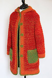 Svetre a kardigány - Háčkovaný kabátik oranžovo - červeno - zelený - 11009287_