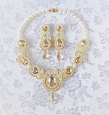 Sady šperkov - Soutache set náhrdelník a náušnice, Béžová/Zlatá - 11017097_