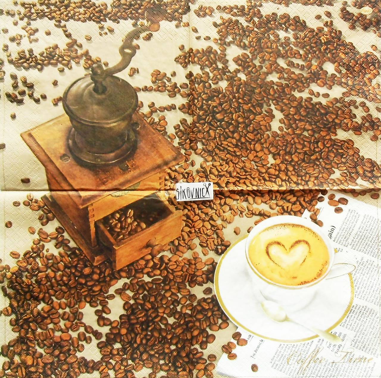 S1432 - Servítky - káva, mlynček, kávové zrno, noviny
