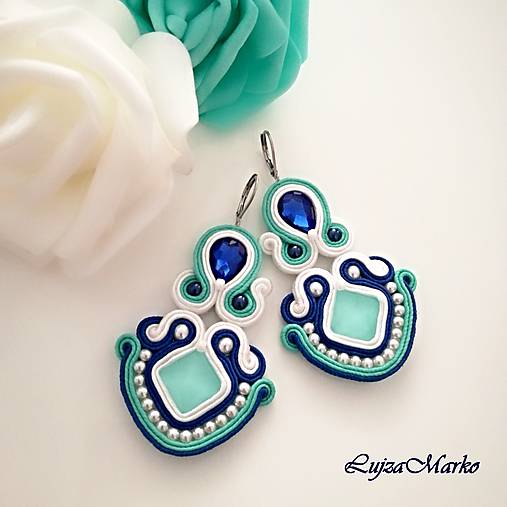 Náušnice - Bibiana soutache náušnice  (Mentolová-modrá-biela) - 11034665_