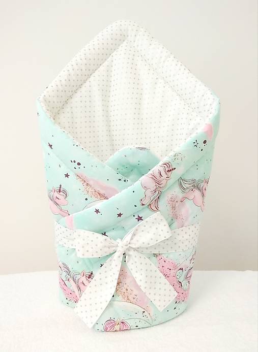 Detský textil - Zavinovačka  (Zavinovačka jednorožec + bodky 80x80cm) - 11051395_