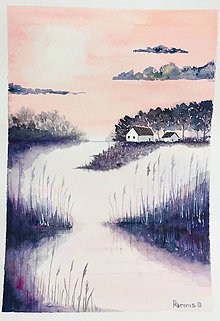 Obrazy - originál akvarel Večer pri jazerách - 11054235_