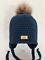 Detské čiapky - Petrolejová detská zimná čiapka s kožušinkou - 11060614_