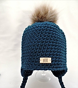 Detské čiapky - Petrolejová detská zimná čiapka s kožušinkou - 11060615_