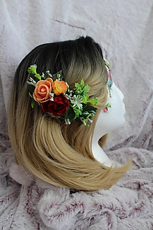 Ozdoby do vlasov - Kvetinový hrebienok do vlasov "bordó-marhuľkový" - 11073341_