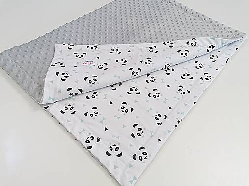 Minky deka pandy s mentolovými mašličkami + sivá minky 70*100cm