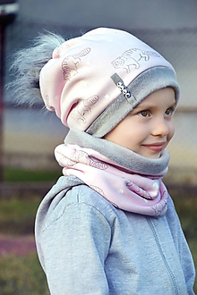 Detské súpravy - Zimný set Obojstranný s Odopínacím brmbolcom Mýval pink & gray - 11083243_