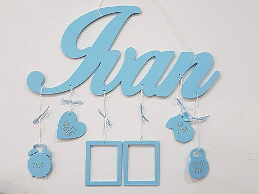 Drevené meno s údajmi šírka 50cm Blue