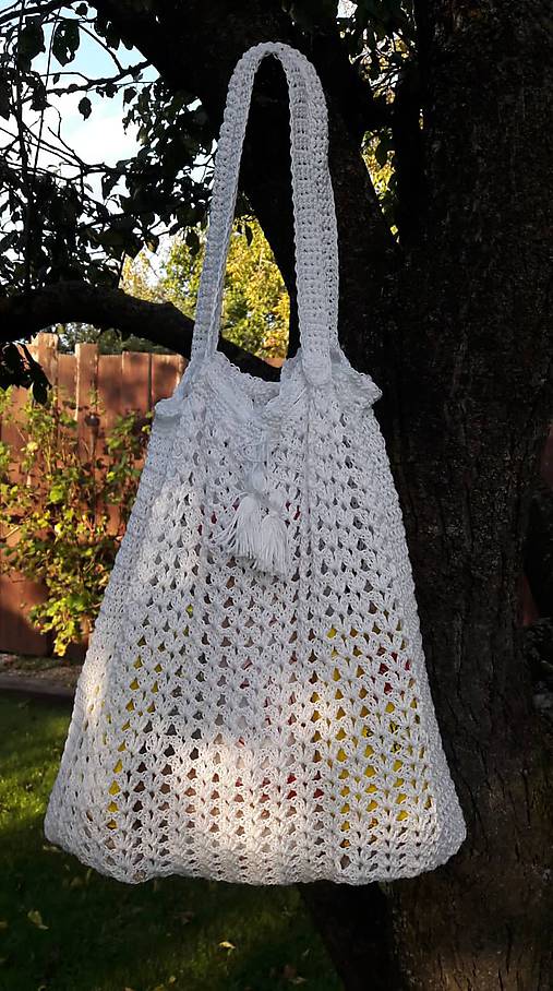 Nákupné tašky - háčkovaná sieťovka - biela - 11121666_